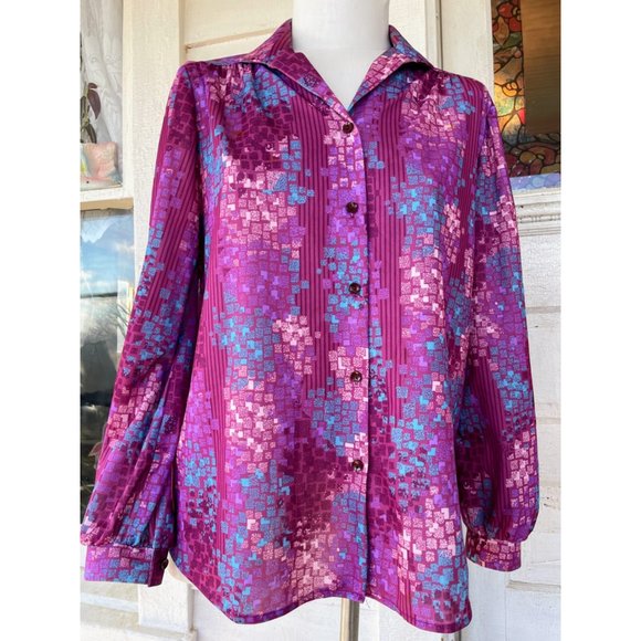Vintage 1970s Womens Blouse Pink Purple Abstract Print - Picture 11 of 14
